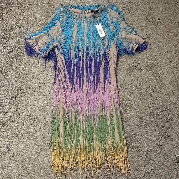 NWT Nasty Gal Rainbow Tassel Fringe Shift Dress - Picture 7 of 16